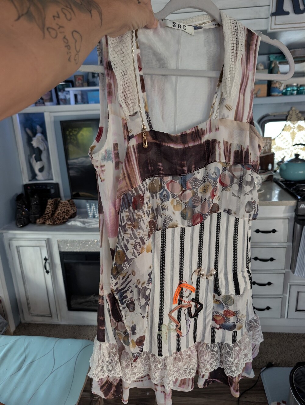 S&C Lagenlook Patchwork Dress Large Mixed Print Lace Boho Artwear